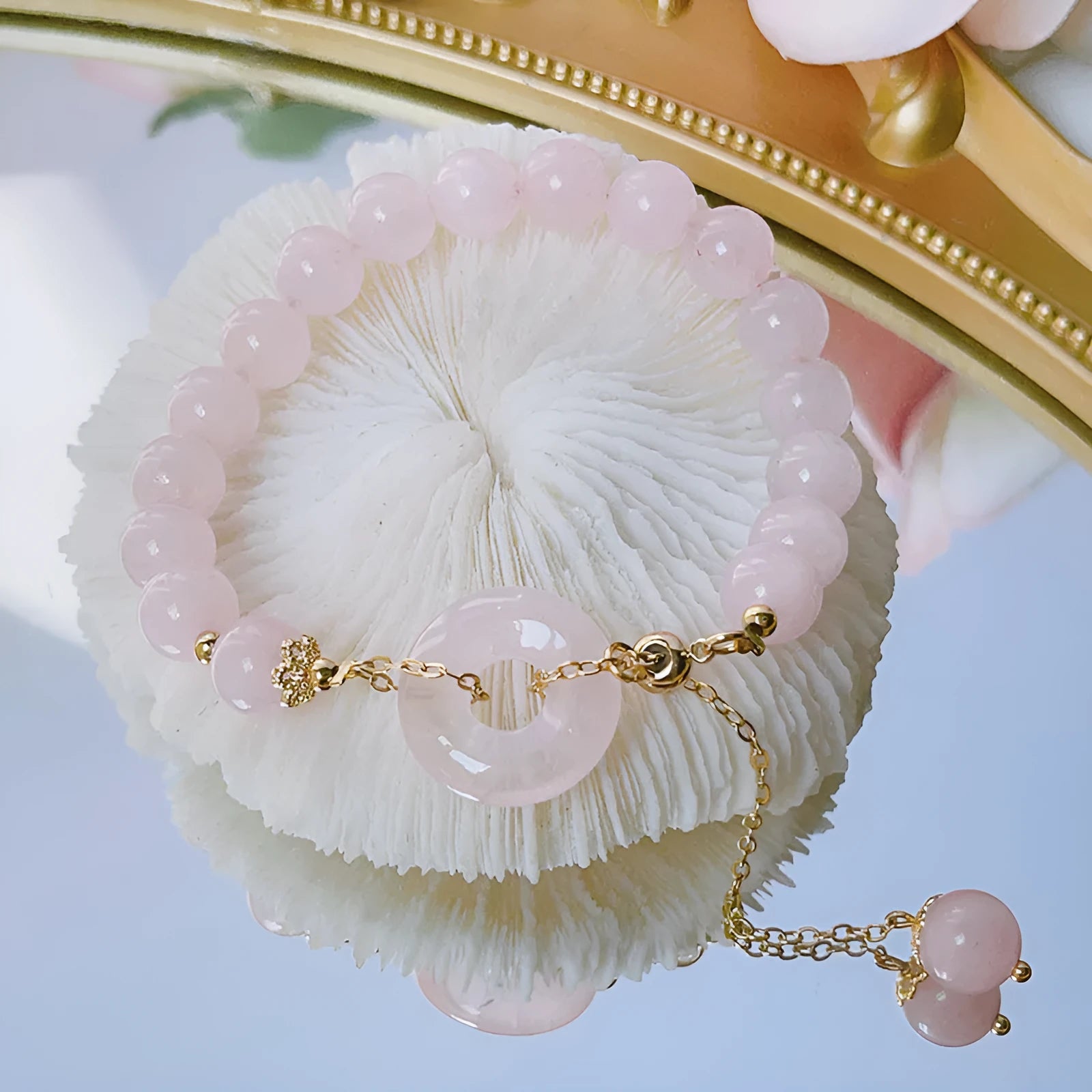 Pink crystal women's bracelet with distinctive peace buckle clasp, simple jewellery design