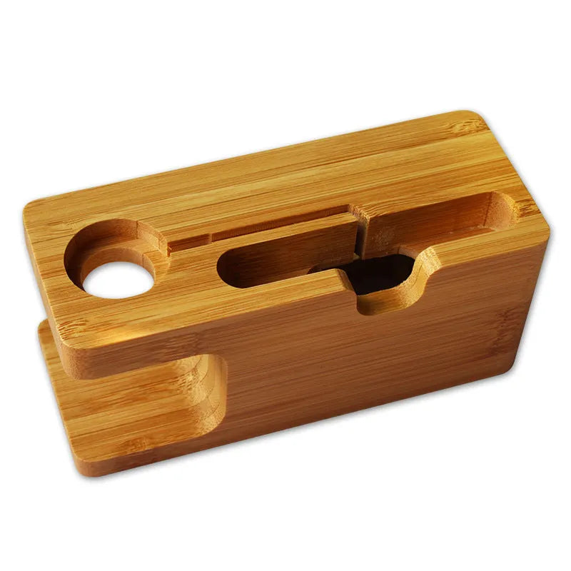 Bamboo carved phone and watch stand with decorative finish measuring 149mm