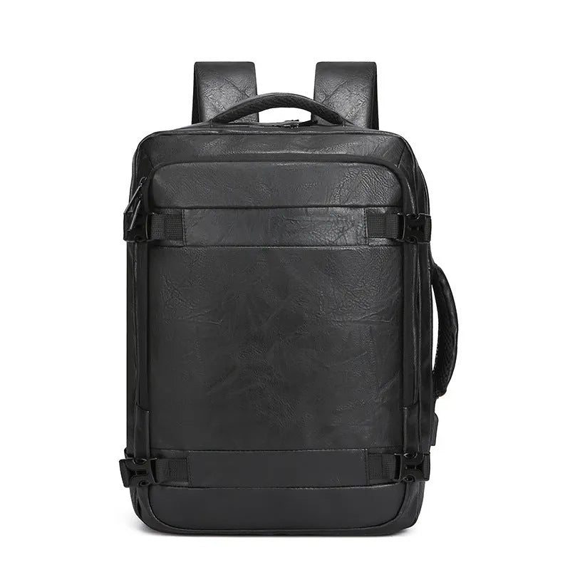 Multi-functional scalable computer backpack in solid black colour, PU waterproof finish, 20-35 litre capacity