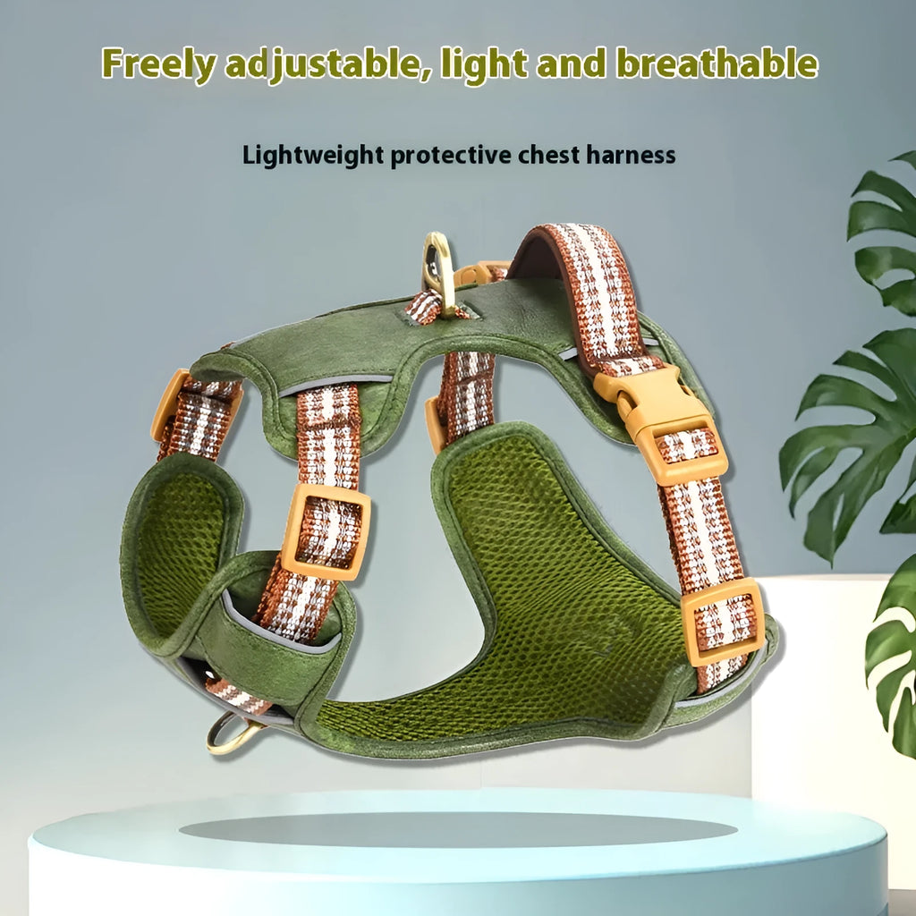 Retro-style brown leather pet harness with reflective strips on a dog.