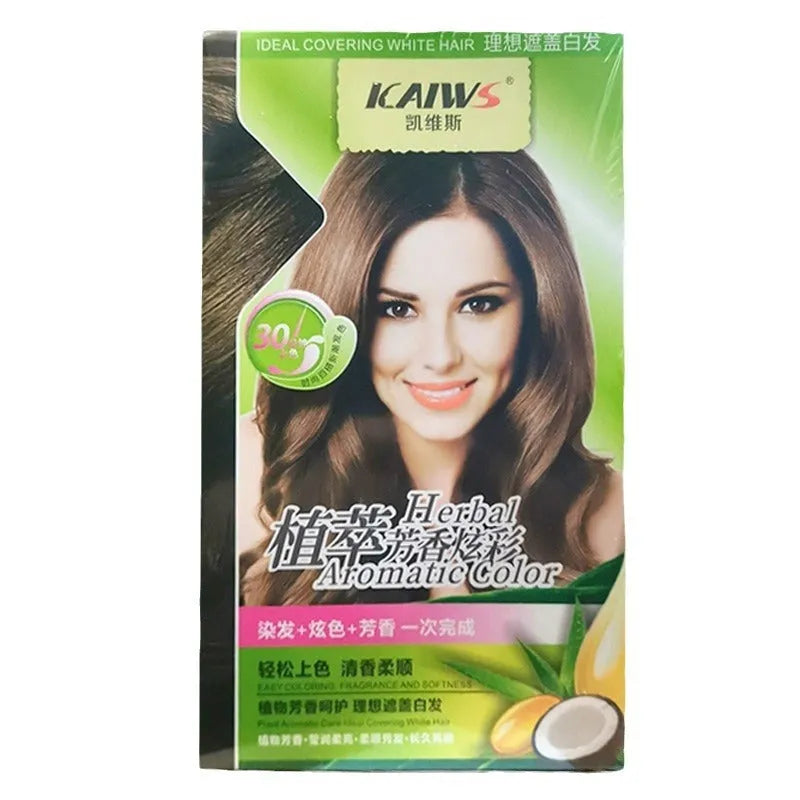 Two 120ml tubes of plant-based aromatic hair colour cream in shades of maroon, wine red, chestnut brown, and dark brown.