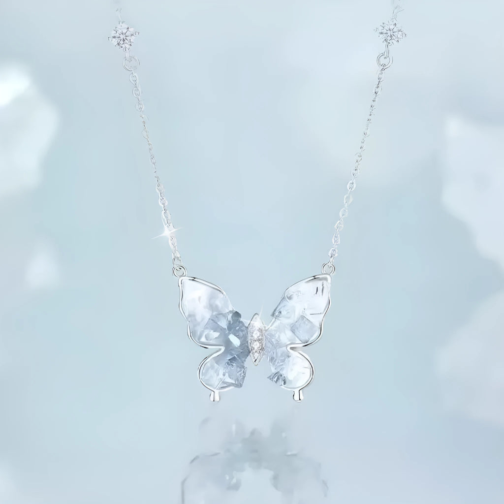 Bingyu Butterfly S925 sterling silver necklace with ice rain pendant on an adjustable O-ring chain.