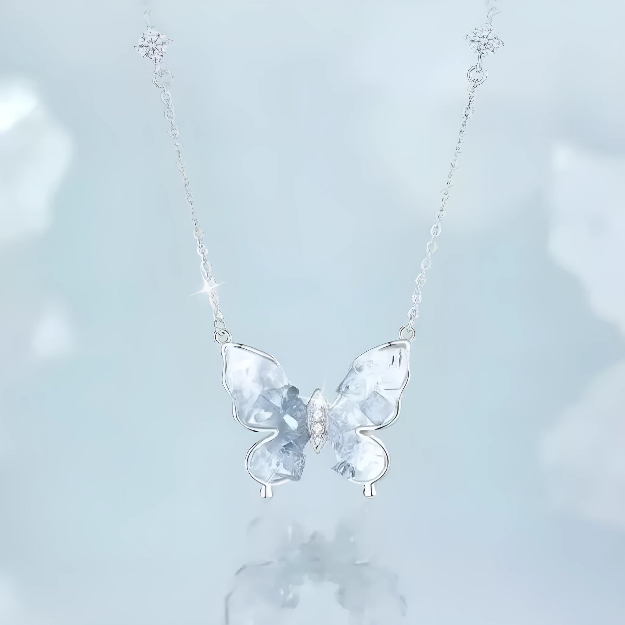 Bingyu Butterfly S925 sterling silver necklace with ice rain pendant on an adjustable O-ring chain.