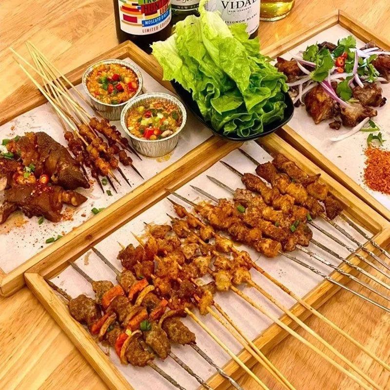 Brown handled bamboo barbecue tray square serving plate on table