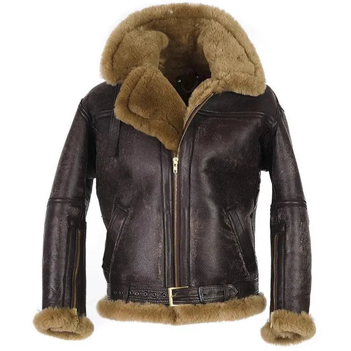 Men's brown retro fur coat with synthetic leather trim, medium length straight hem, and side seam pockets