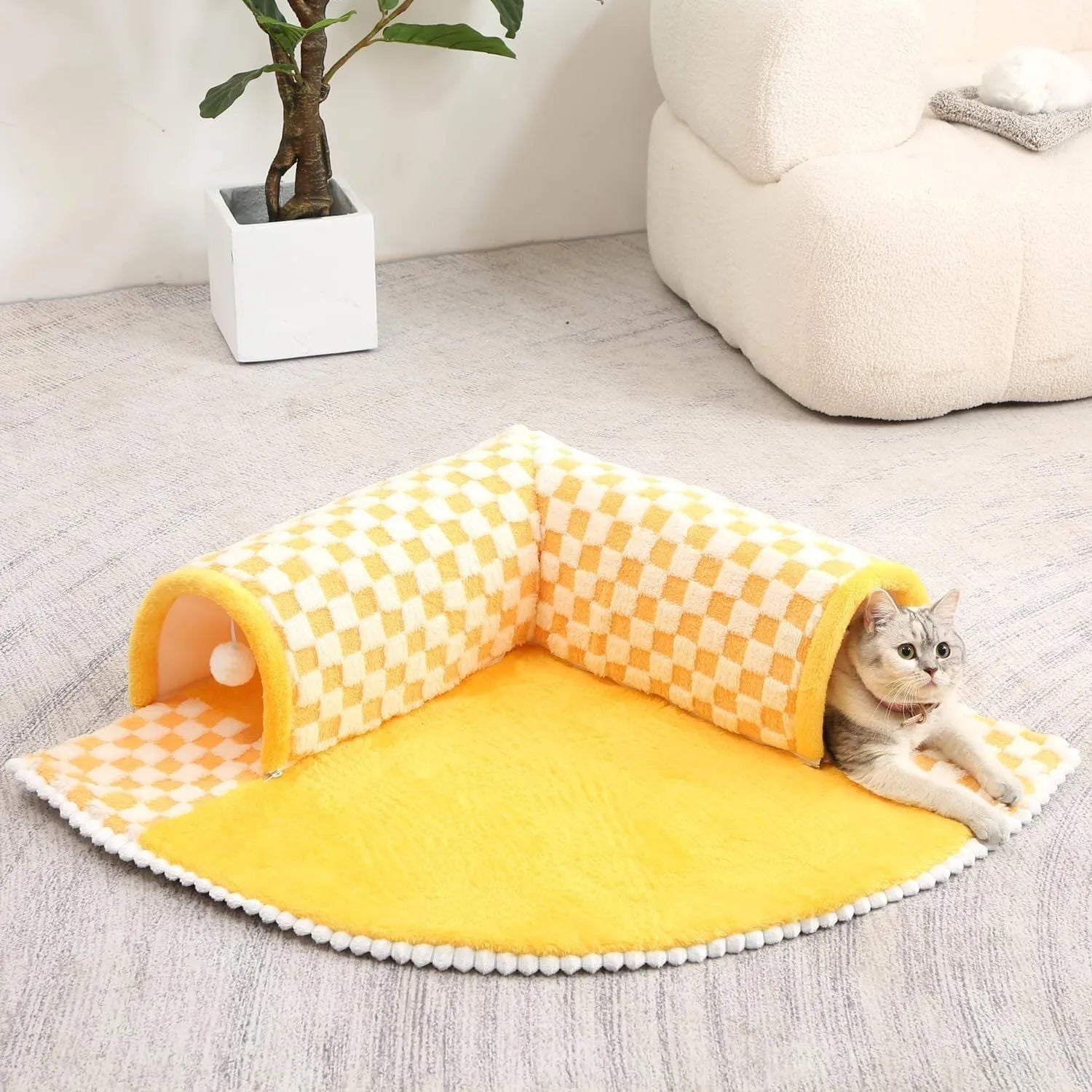 Coffee coloured plush 2-in-1 pet bed with a sleeping mat and an attached tunnel, showing anti-slip base.