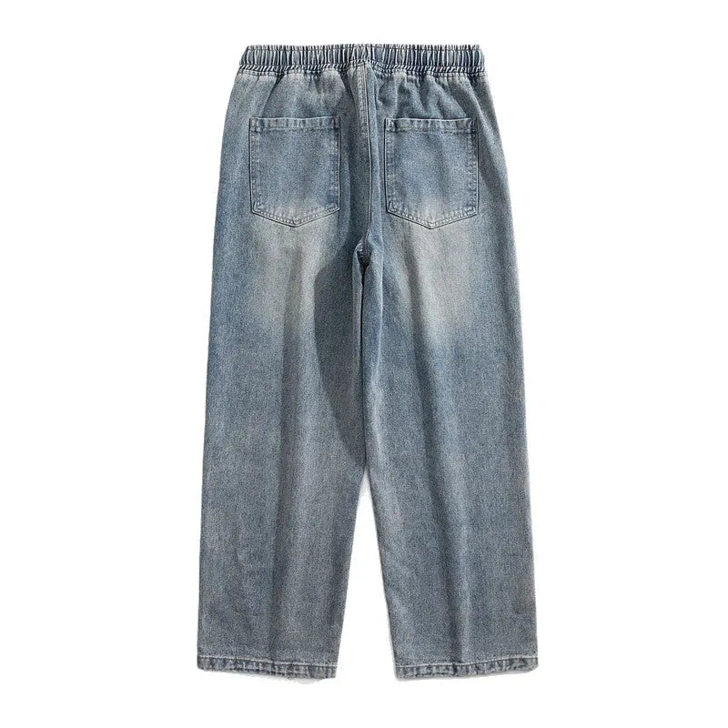 Hong Kong style retro heavy wash distressed loose fit blue jeans with fleece lining, ankle banded, size S-3XL