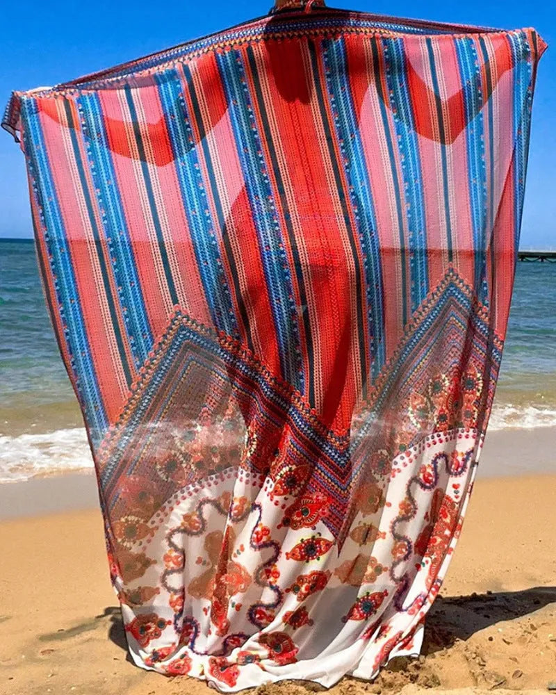 Women's three-piece swimsuit set showing cutout sleeveless blouse, high-waisted briefs, and matching swim coat