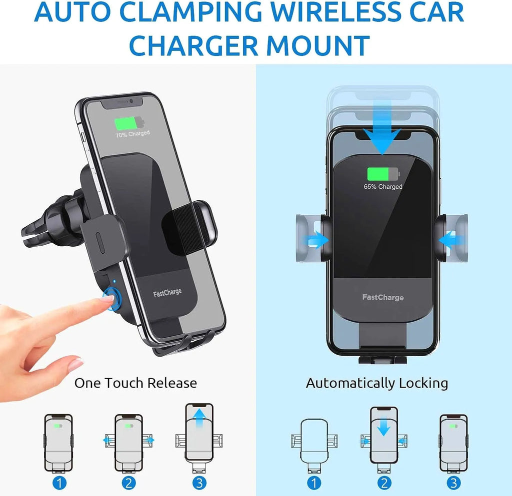 Black car wireless charging stand with 15W fast charging on dashboard