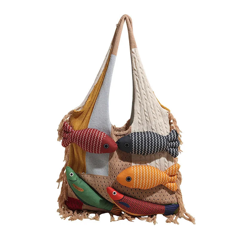 Women's soft cotton large capacity shoulder bag with tassel in khaki