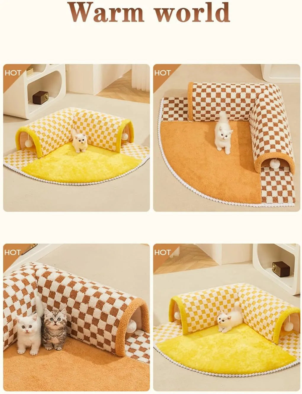 Brown plaid cat tunnel bed with central mat showing non-slip bottom and zipper closure
