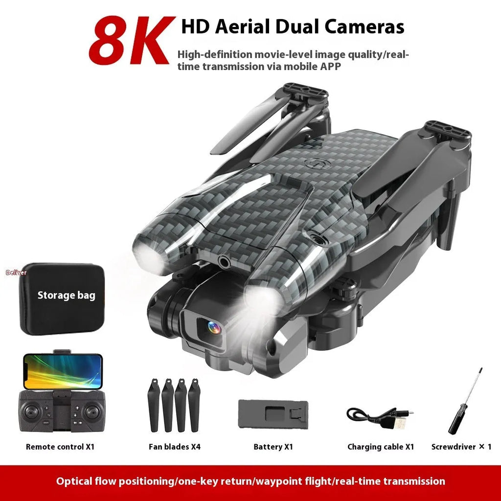 S138 black folding UAV drone with dual cameras and obstacle avoidance sensors, shown in a compact size.