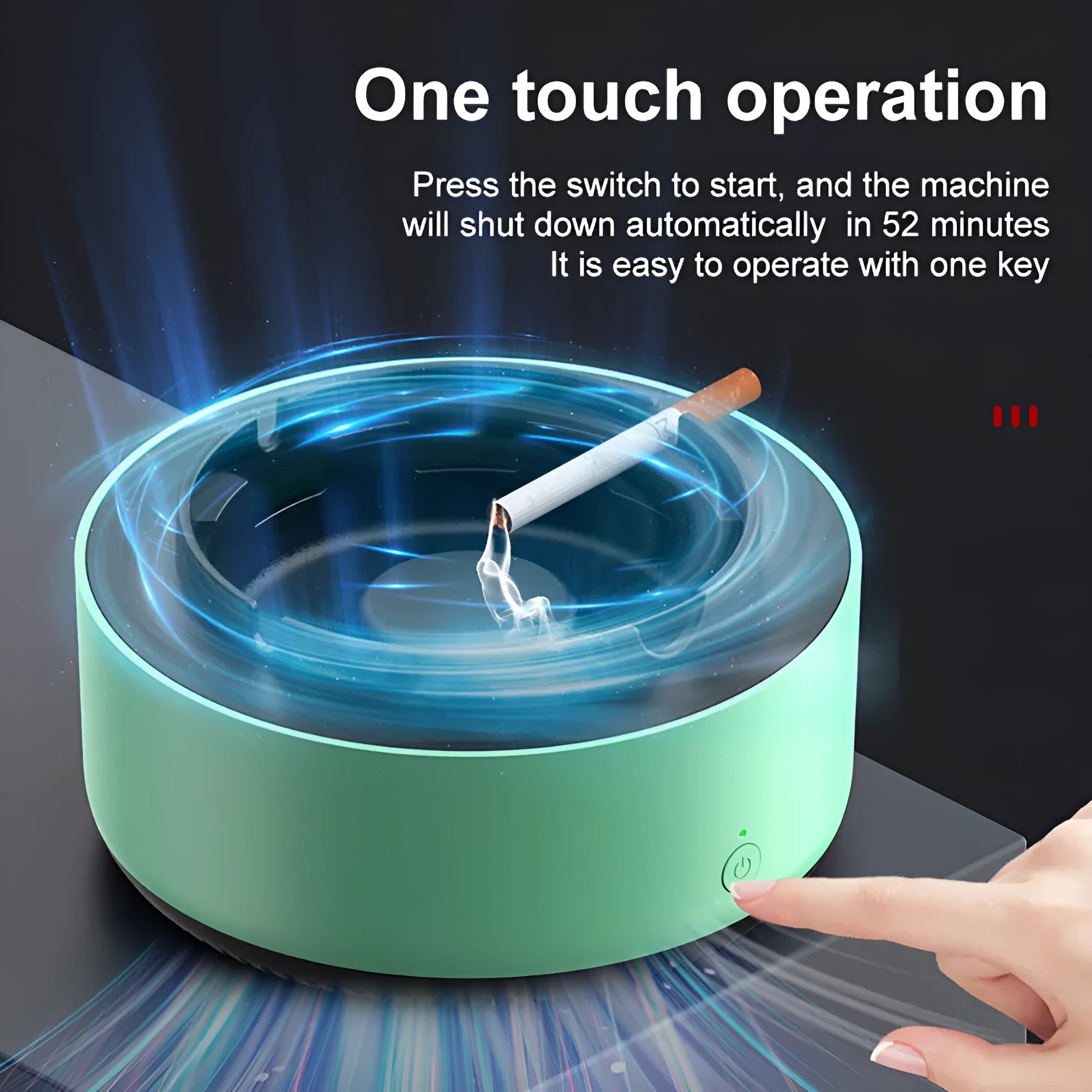 Grey intelligent electronic air purifier ashtray on a desk with cigarette butts in grooved tray.