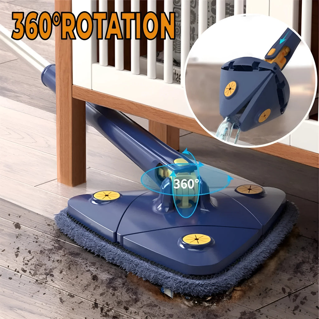 Blue triangular cleaning mop with a 360-degree rotating head and extended stainless steel pole on a tile floor.