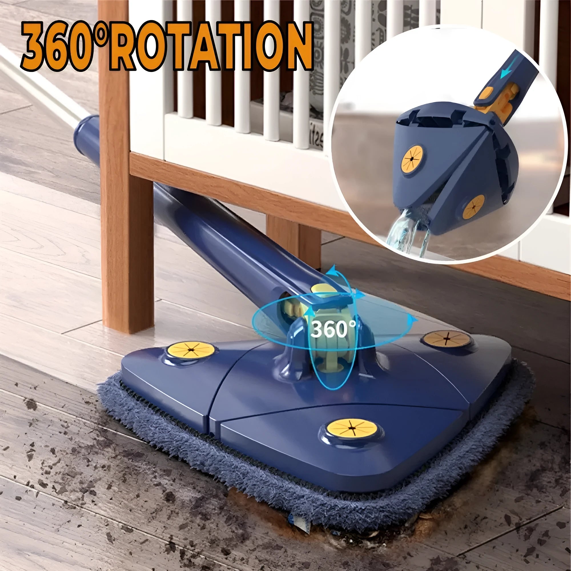 Blue triangular cleaning mop with a 360-degree rotating head and extended stainless steel pole on a tile floor.