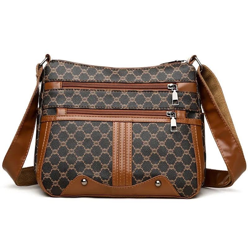 Brown women's crossbody bag with stitching pattern design and adjustable strap