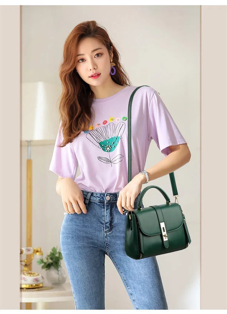 Soft PU leather women's messenger bag in a square vertical shape, shown in one of four colour options.