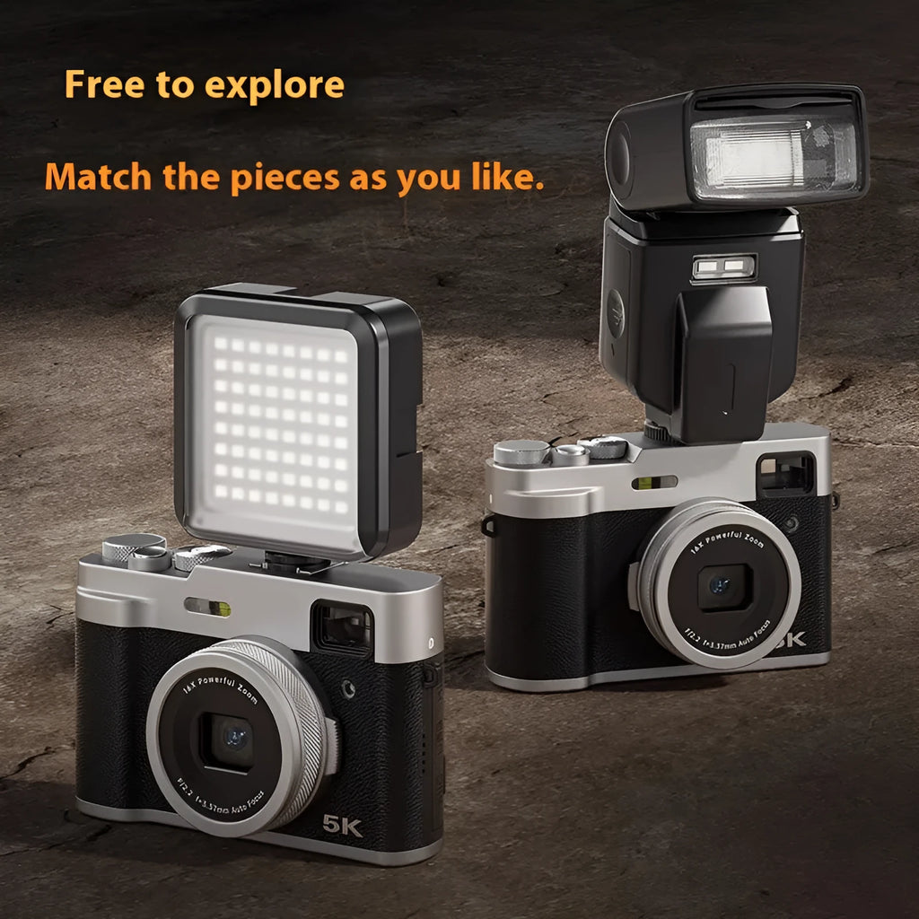 Black 5K HD digital camera with dual lenses and an optical viewfinder on a camera strap.