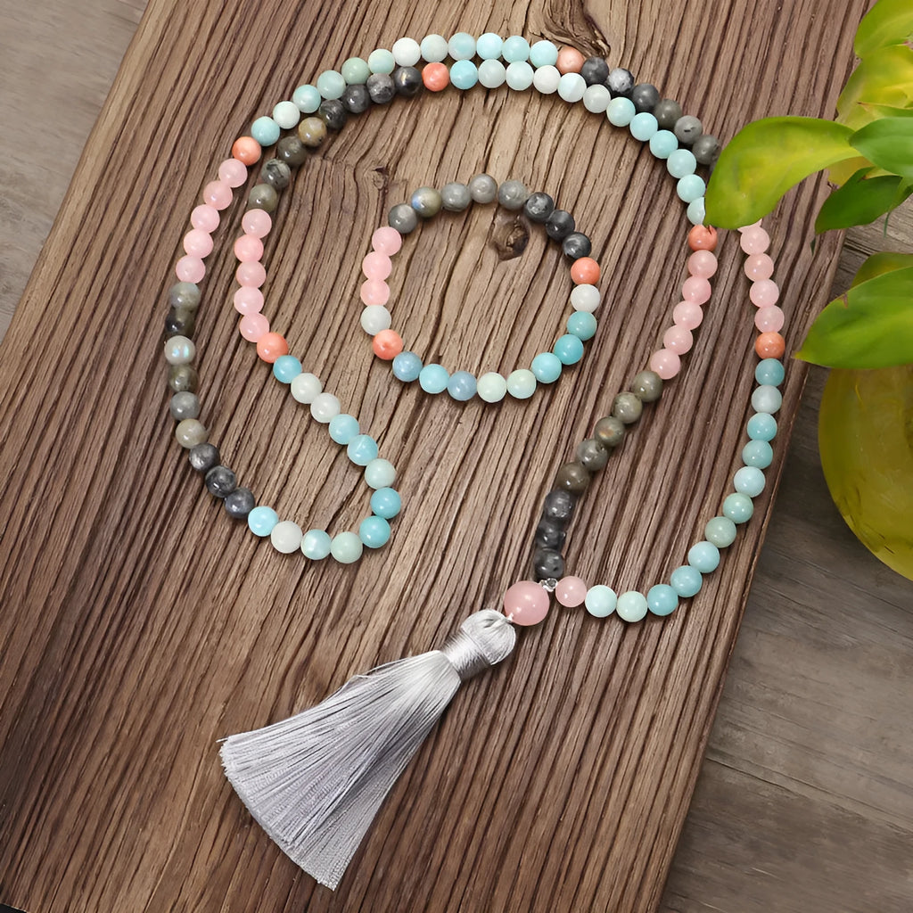 Bohemian style necklace and bracelet set with colourful stone drop pendants and tassel accents