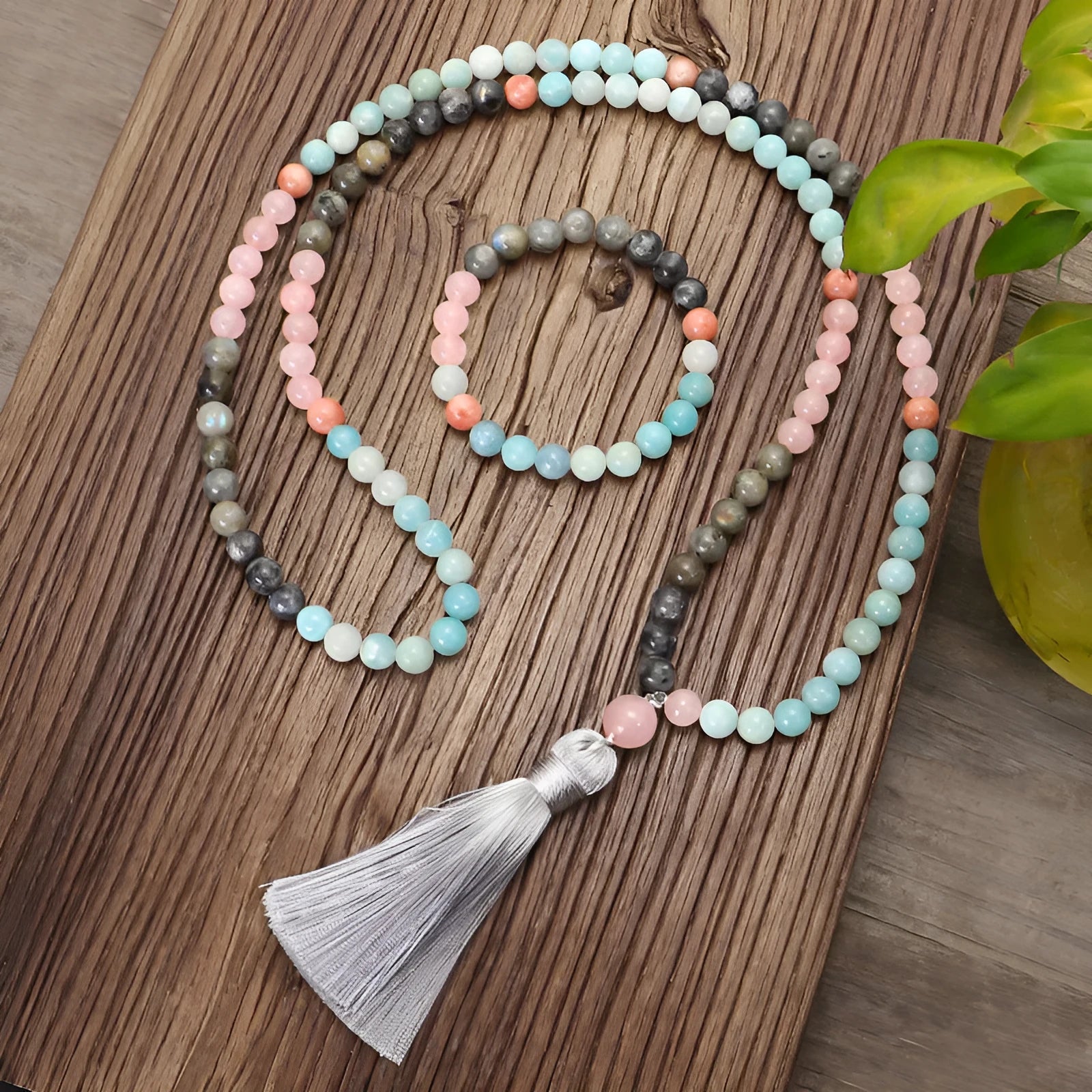 Bohemian style necklace and bracelet set with colourful stone drop pendants and tassel accents