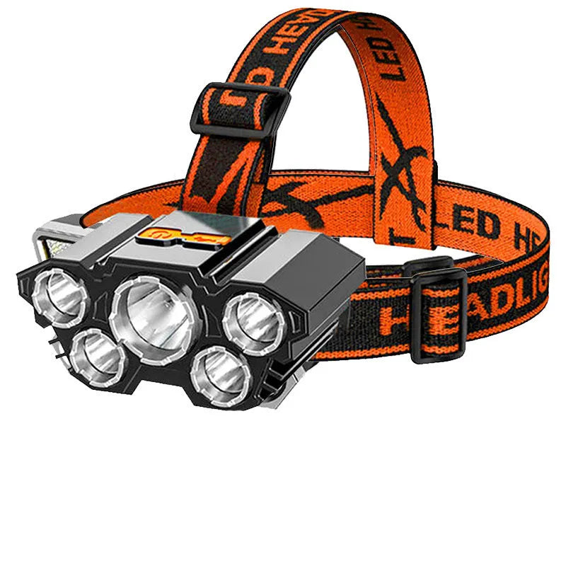 Head-mounted LED miner's lamp with adjustable strap and charging cable