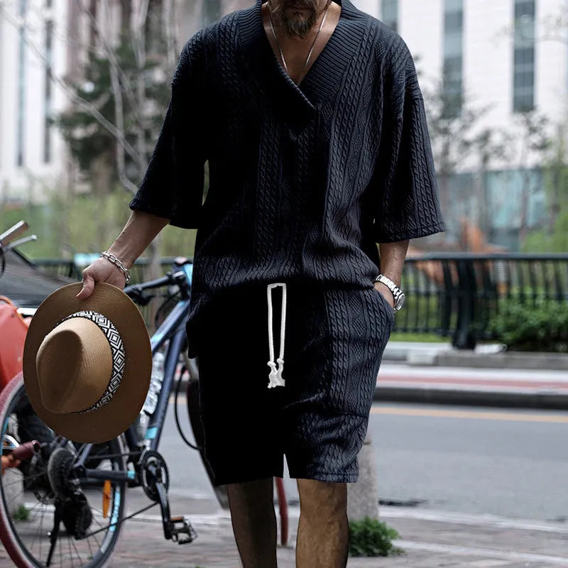 Men's casual jacquard suit set with V-neck short-sleeved T-shirt and drawstring pocket shorts in khaki