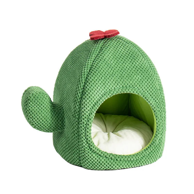 Dark green enclosed cave cat bed for kittens and small dogs, showing cosy nest design.