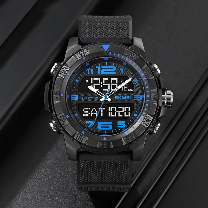 Men's dual display waterproof electronic watch with 53mm black resin dial and TPU strap for outdoor sports