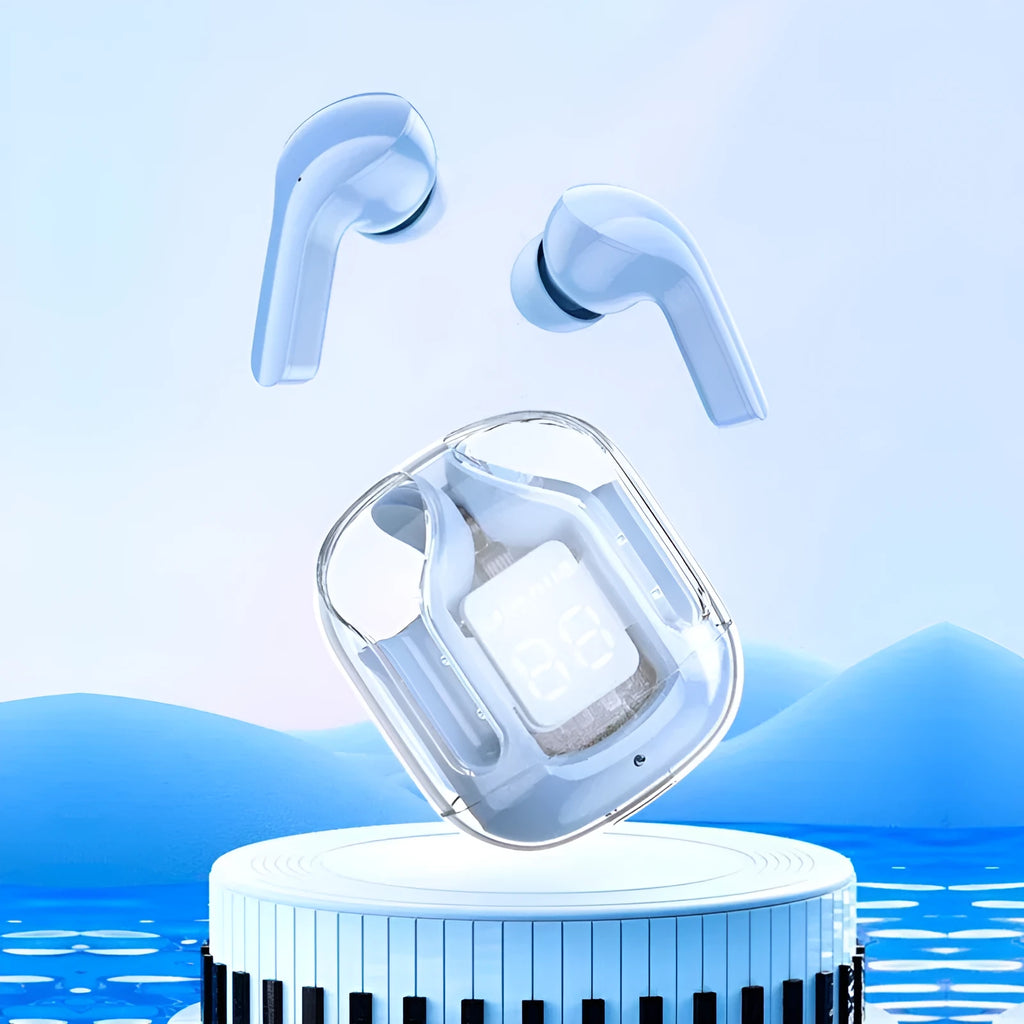 Transparent space capsule case true wireless Bluetooth earbuds with digital display screen