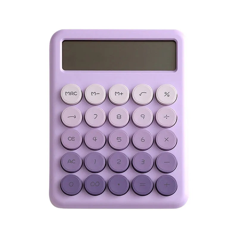 Gradient colour desktop calculator with large keys on a desk, shown in violet, pink, blue, and green colour options.