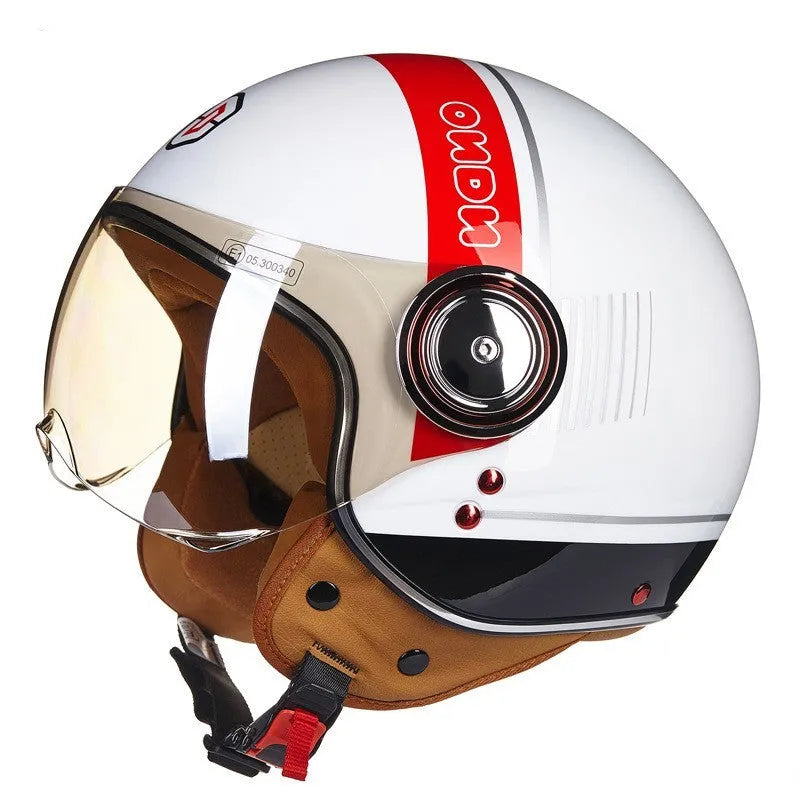 Retro-style motorcycle half helmet in a bright two-tone colour combination showing its lightweight ABS construction and semi-covered design.