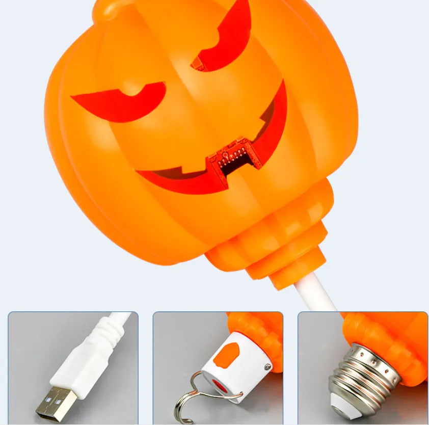 Plastic pumpkin-shaped decorative lamp with USB charging cable, showing purple or yellow light option.