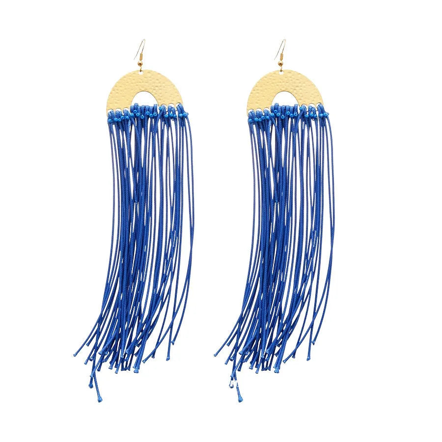 Handcrafted geometric cloth earrings with blue resin flower and silver needle detailing