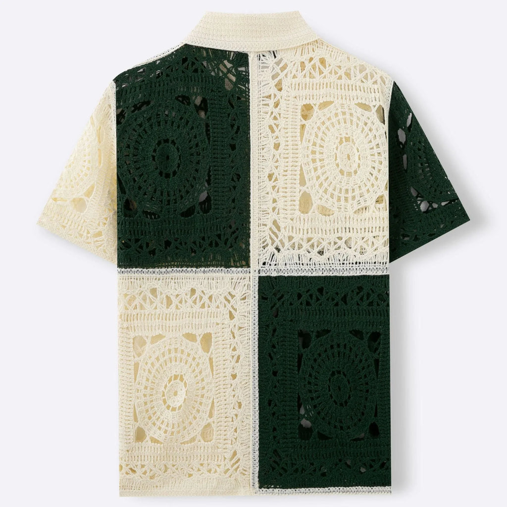 Beige men's knitted shirt with colourblock pattern and flocked detailing on short sleeves
