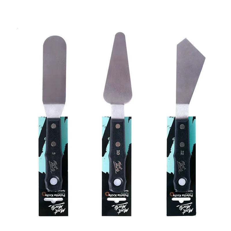 Three stainless steel palette knives for painting with No. 3, No. 10, and No. 12 profiles
