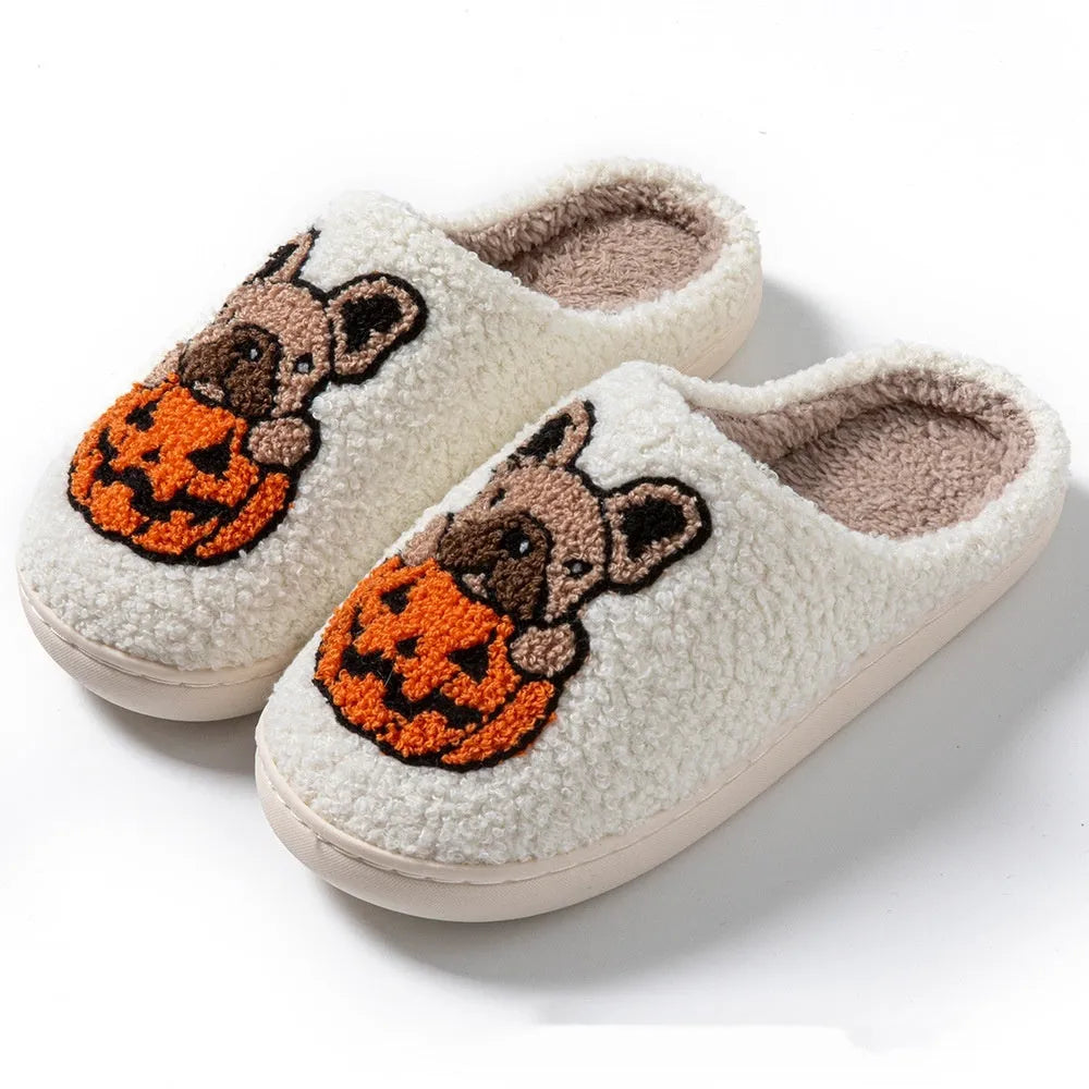 Halloween pumpkin design plush slippers with memory foam soles in black or white colours