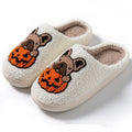 Halloween pumpkin design plush slippers with memory foam soles in black or white colours