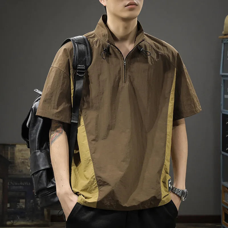 Men's brown ice silk business shirt with half zip stand collar and short sleeves showing loose fit design