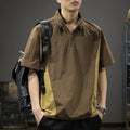 Men's brown ice silk business shirt with half zip stand collar and short sleeves showing loose fit design