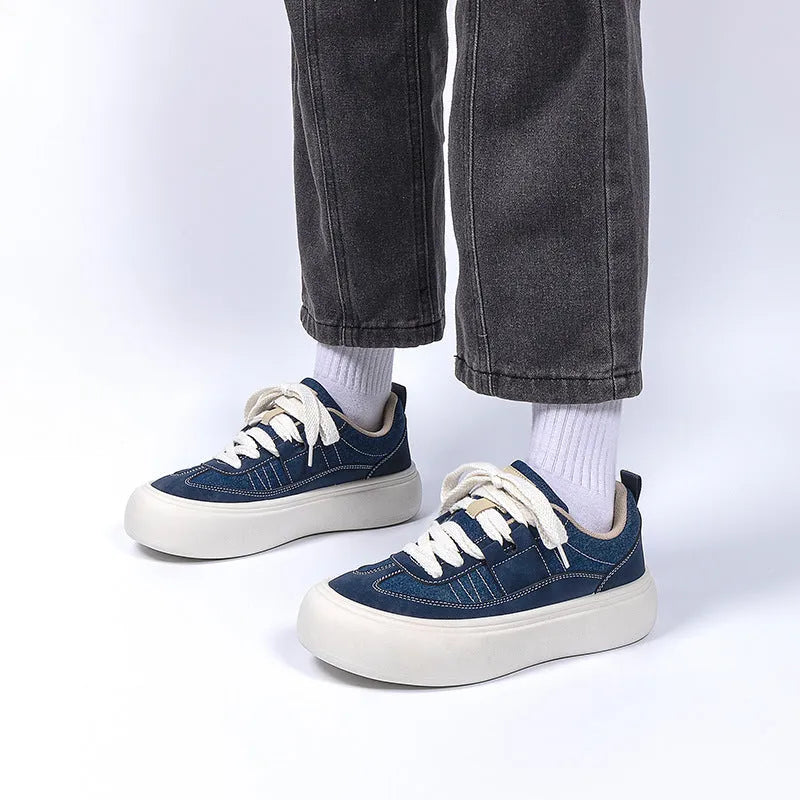 Men's black platform casual shoes with thick sole and lace-up front closure