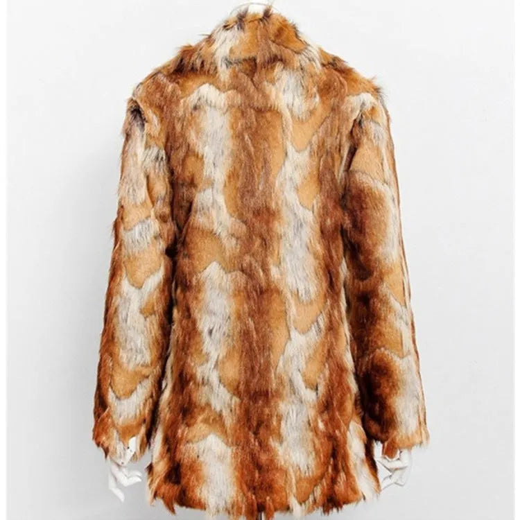 Women's slim-fit faux fur leather jacket with tiger pattern print, medium length with regular long sleeves.
