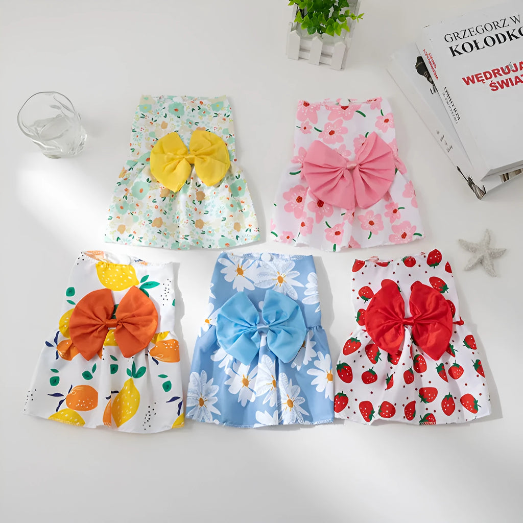 Ultra-thin floral butterfly knot princess pet dress in five bow colour options