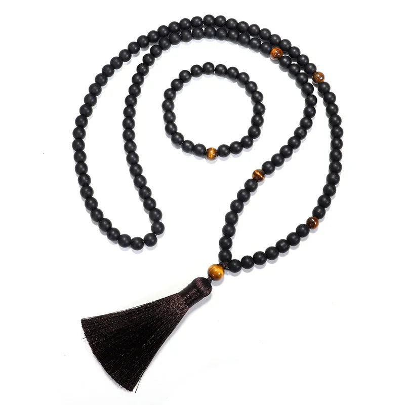 Beaded tigereye stone bracelet and necklace set with tassel pendant on 81cm chain