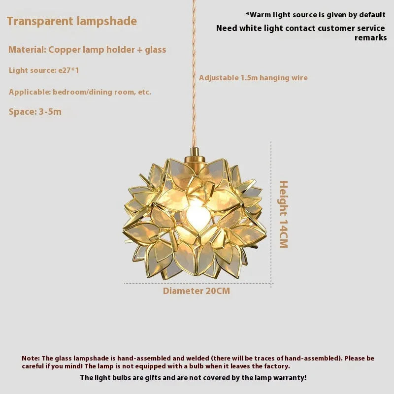Hanging line lamp chandelier with copper construction and glass elements in bedroom setting