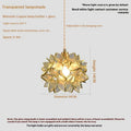 Hanging line lamp chandelier with copper construction and glass elements in bedroom setting