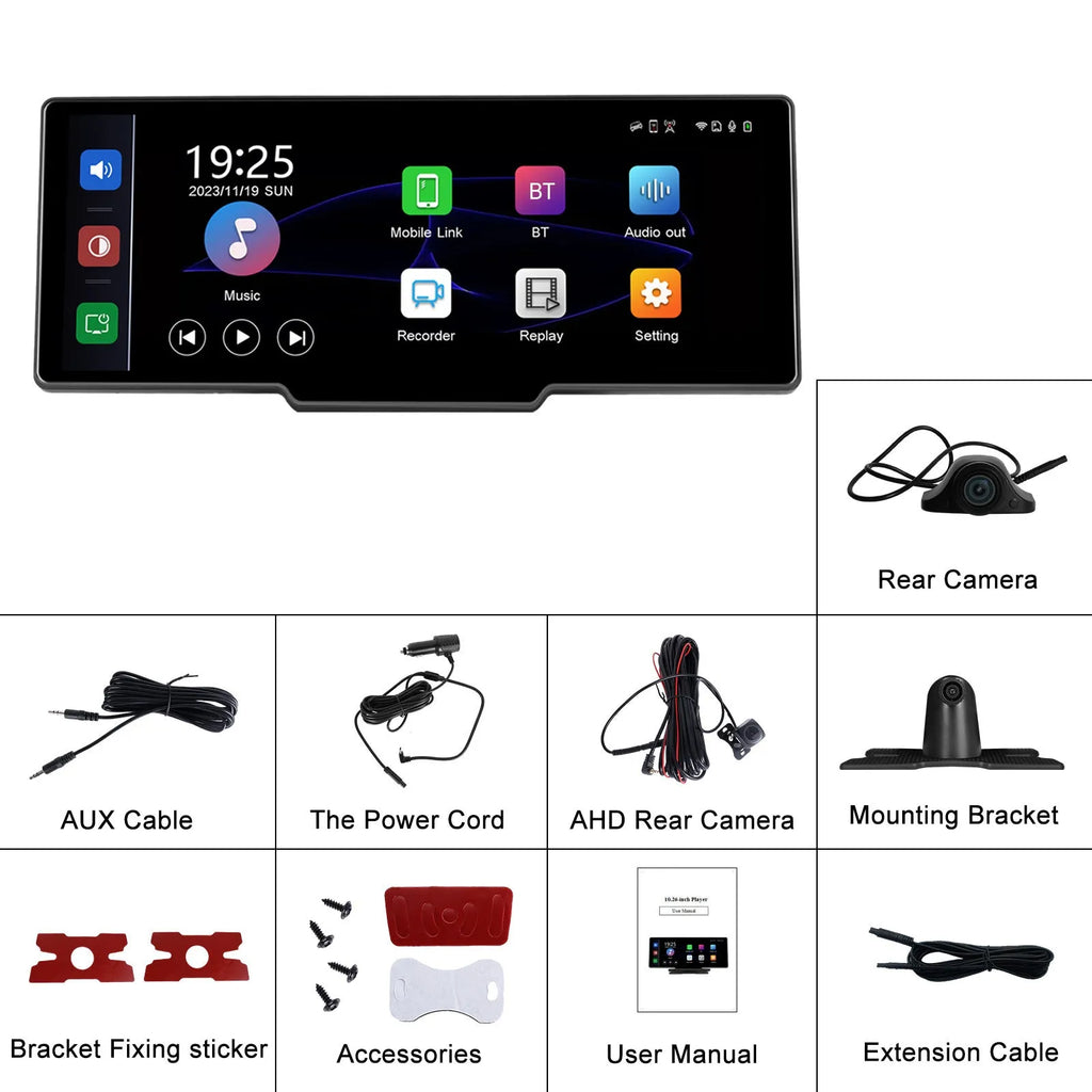 10.26-inch car DVR touchscreen display with rear view camera and CarPlay Android Auto connectivity