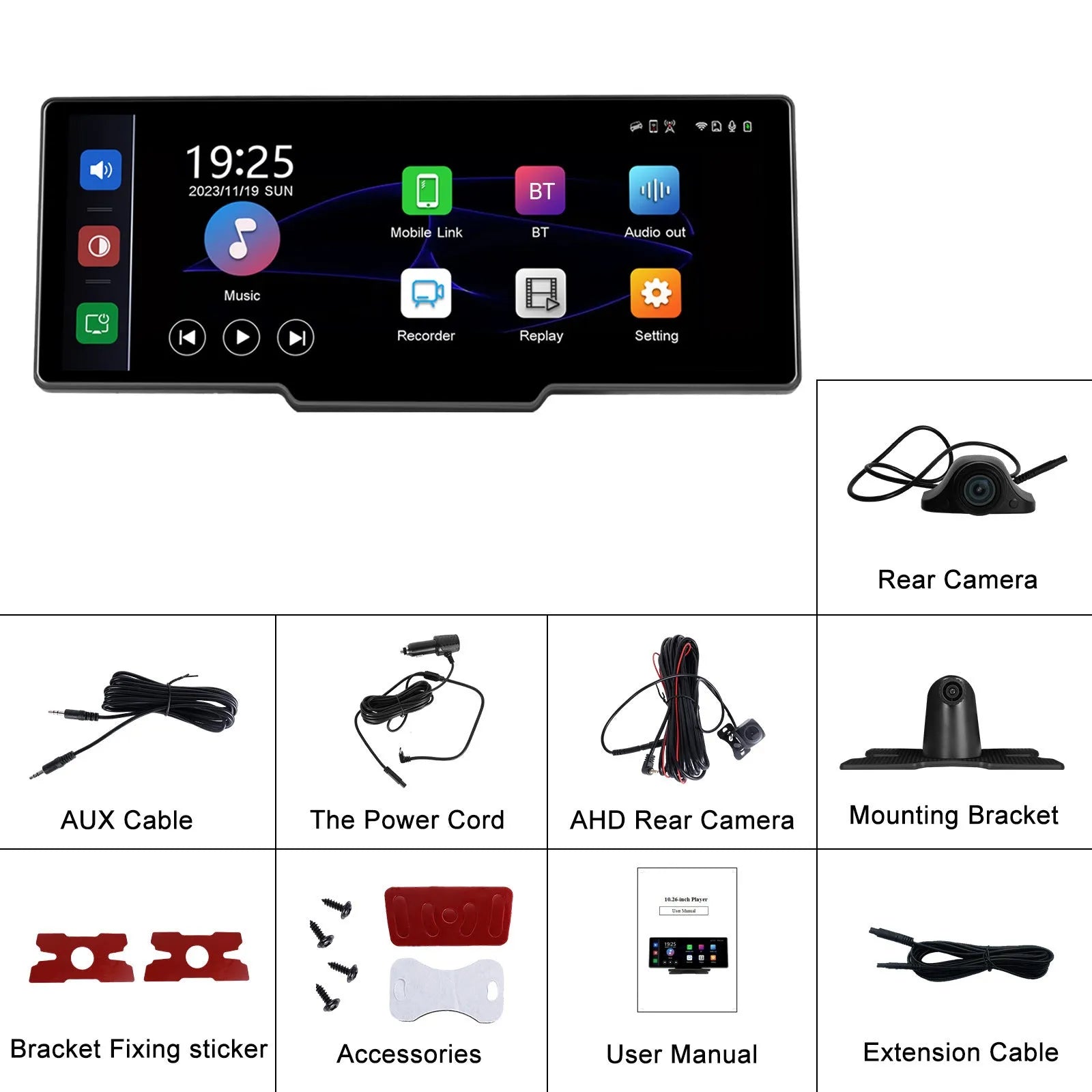 10.26-inch car DVR touchscreen display with rear view camera and CarPlay Android Auto connectivity