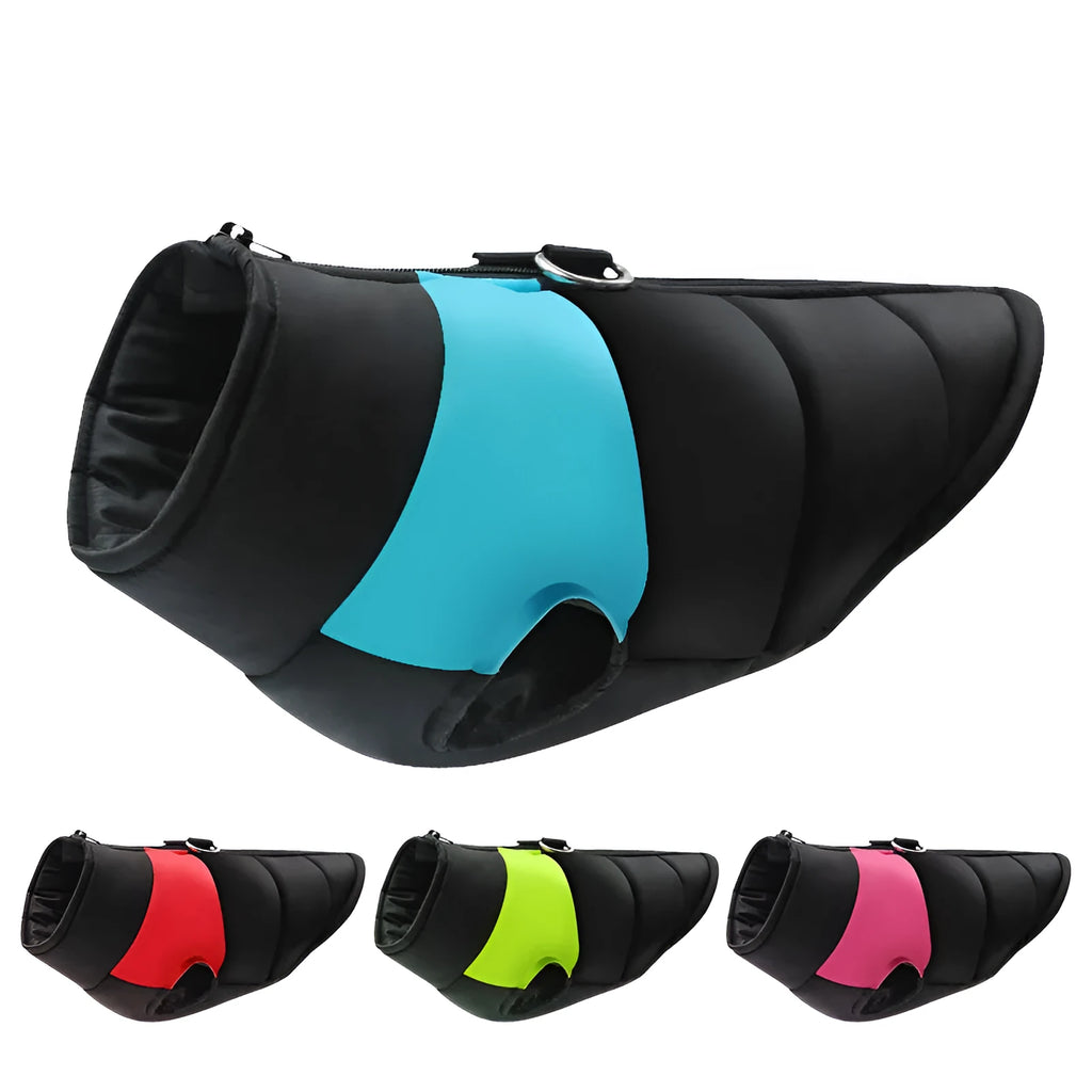 Waterproof padded dog winter jacket with zipper closure in various colours and sizes