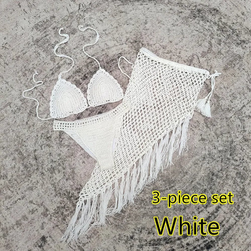 Women's three-piece crochet bikini swimsuit set with handmade beach skirt in acrylic fabric
