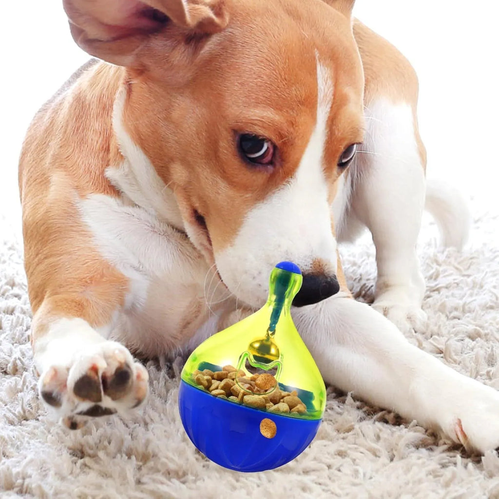 Tumbler-shaped interactive treat dispenser toy for dogs and cats on a floor.